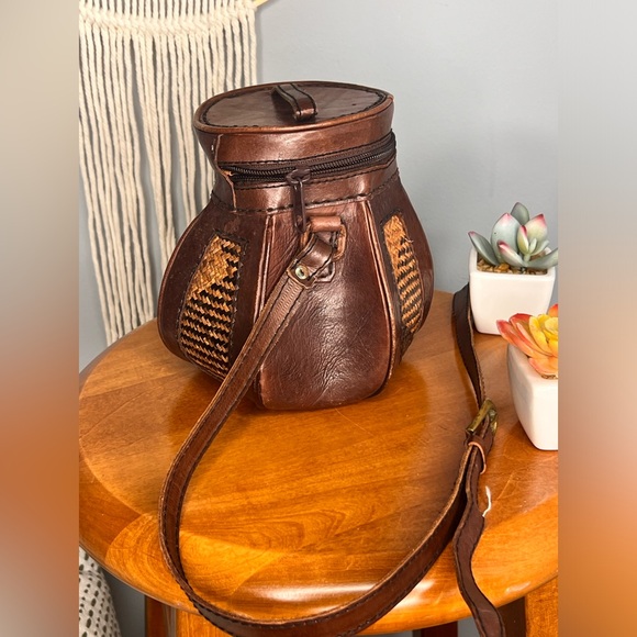 Leather & Rattan CrossBody Bucket Bag - Picture 6 of 13